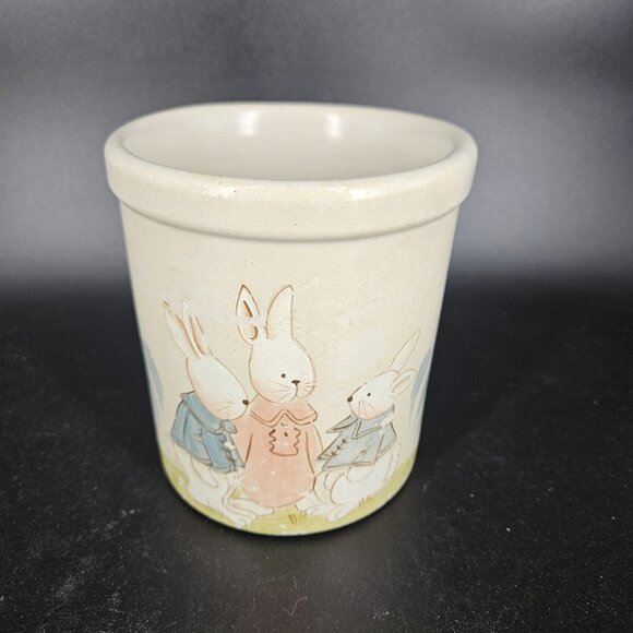 Vintage RRP Co Roseville Ohio 1 Qt Crock Jar Bunny Motif Stoneware USA Pottery 6 - Picture 2 of 12